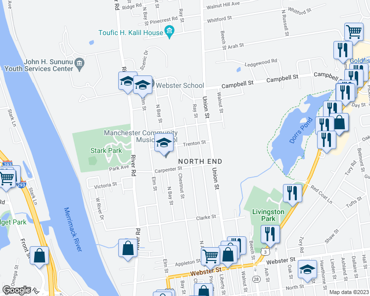 map of restaurants, bars, coffee shops, grocery stores, and more near 1008 Chestnut Street in Manchester