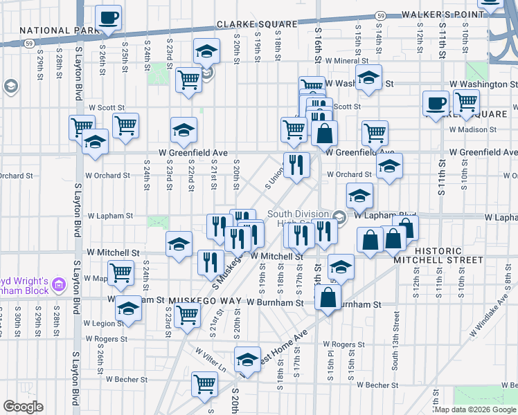 map of restaurants, bars, coffee shops, grocery stores, and more near 1594 South Muskego Avenue in Milwaukee