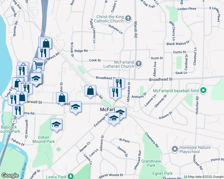 map of restaurants, bars, coffee shops, grocery stores, and more near 5303 Long Street in McFarland