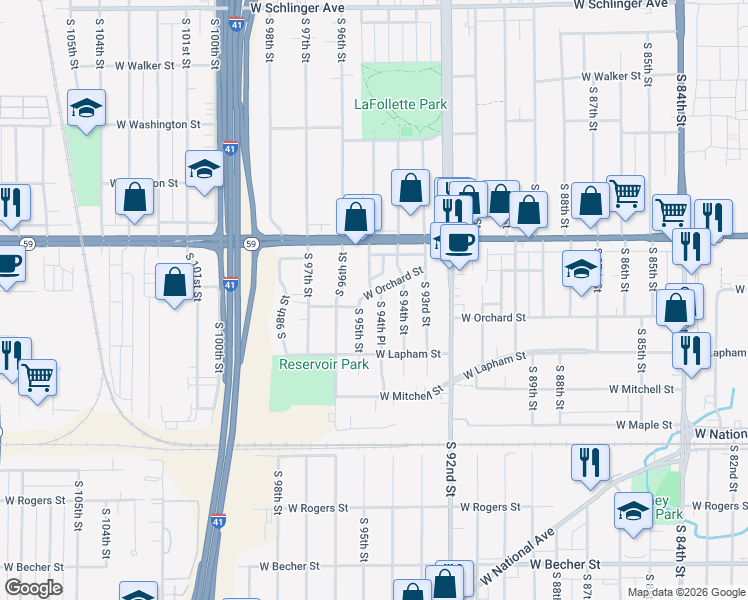 map of restaurants, bars, coffee shops, grocery stores, and more near 1517 South 94th Place in West Allis
