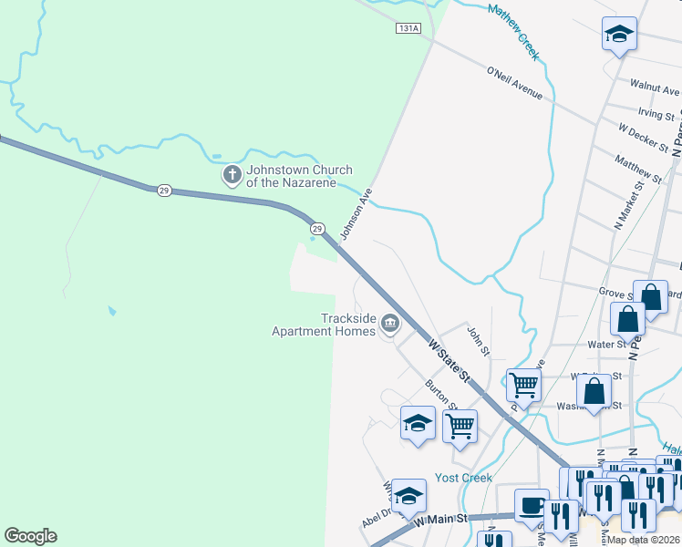map of restaurants, bars, coffee shops, grocery stores, and more near 360 West State Street in Johnstown