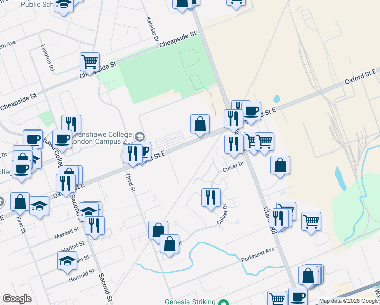 map of restaurants, bars, coffee shops, grocery stores, and more near 1841 Oxford Street East in London