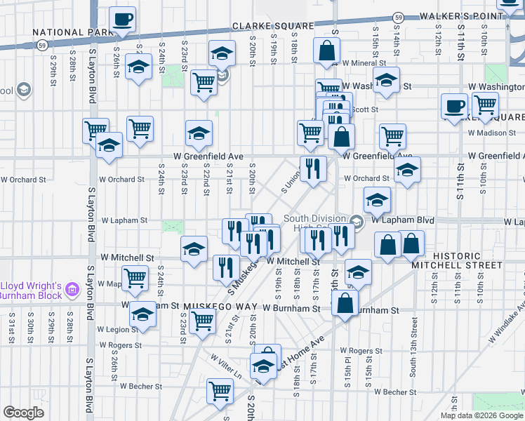 map of restaurants, bars, coffee shops, grocery stores, and more near 1608 South Union Street in Milwaukee