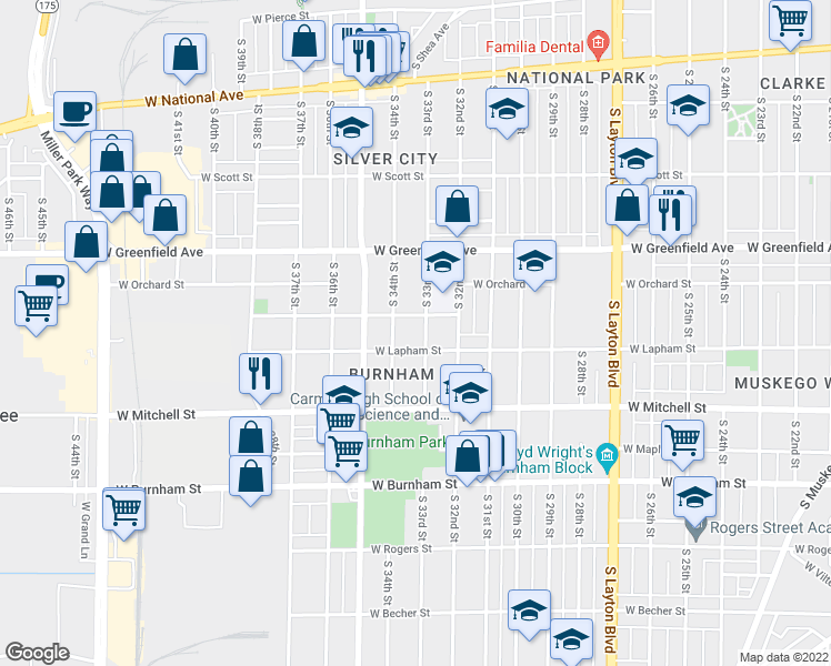 map of restaurants, bars, coffee shops, grocery stores, and more near 1603 South 33rd Street in Milwaukee