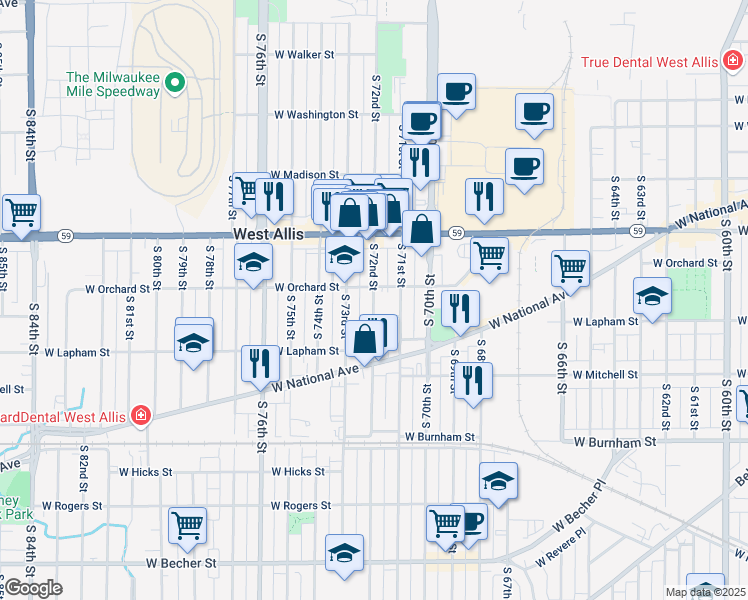 map of restaurants, bars, coffee shops, grocery stores, and more near 1542 South 72nd Street in West Allis