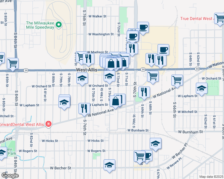 map of restaurants, bars, coffee shops, grocery stores, and more near 1544 South 73rd Street in West Allis