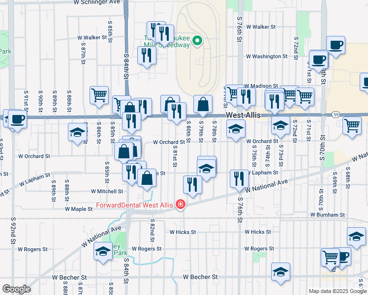 map of restaurants, bars, coffee shops, grocery stores, and more near 1540 South 81st Street in West Allis
