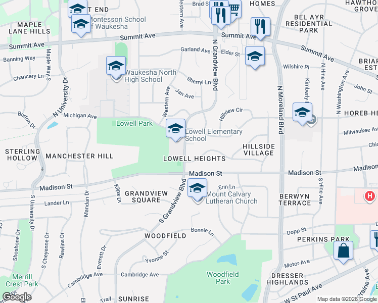 map of restaurants, bars, coffee shops, grocery stores, and more near 113 North Grand Avenue in Waukesha