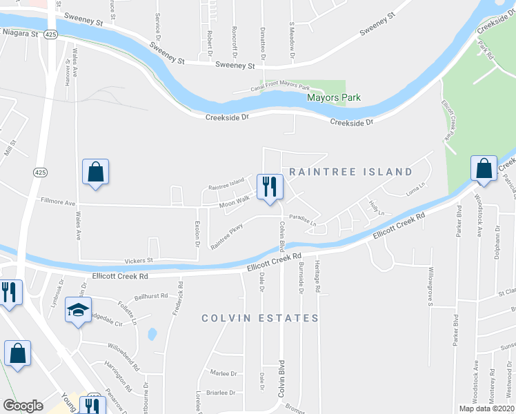 map of restaurants, bars, coffee shops, grocery stores, and more near 37 Raintree Parkway in Tonawanda
