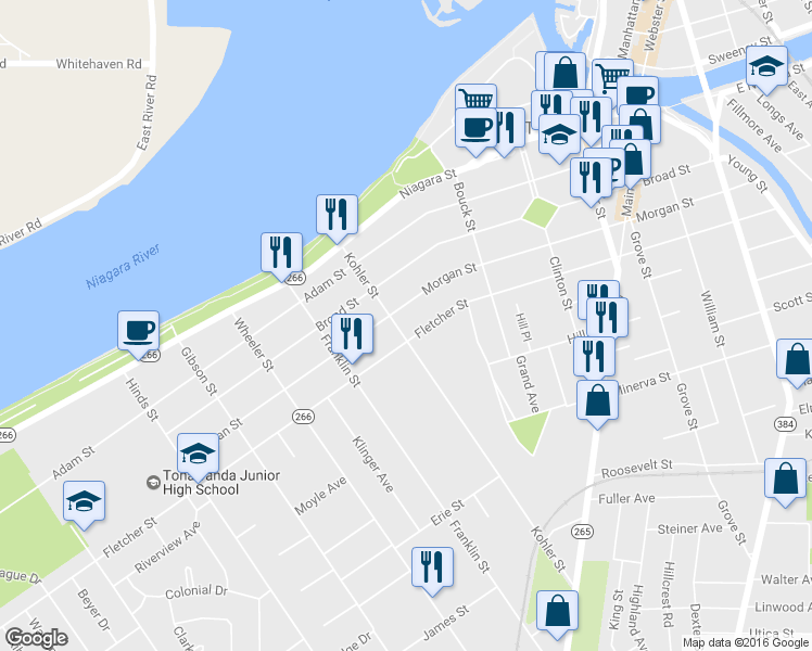 map of restaurants, bars, coffee shops, grocery stores, and more near 85 Kohler Street in Tonawanda