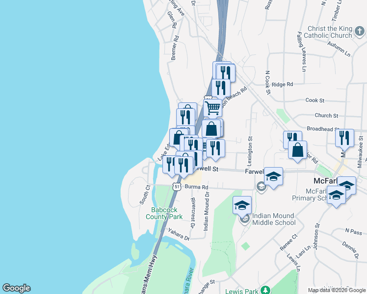 map of restaurants, bars, coffee shops, grocery stores, and more near 5808 U.S. 51 in McFarland