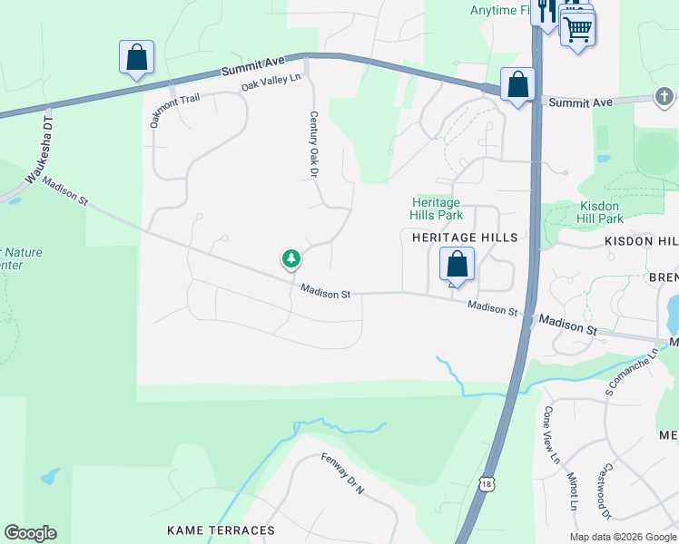 map of restaurants, bars, coffee shops, grocery stores, and more near 3505 Madison Street in Waukesha