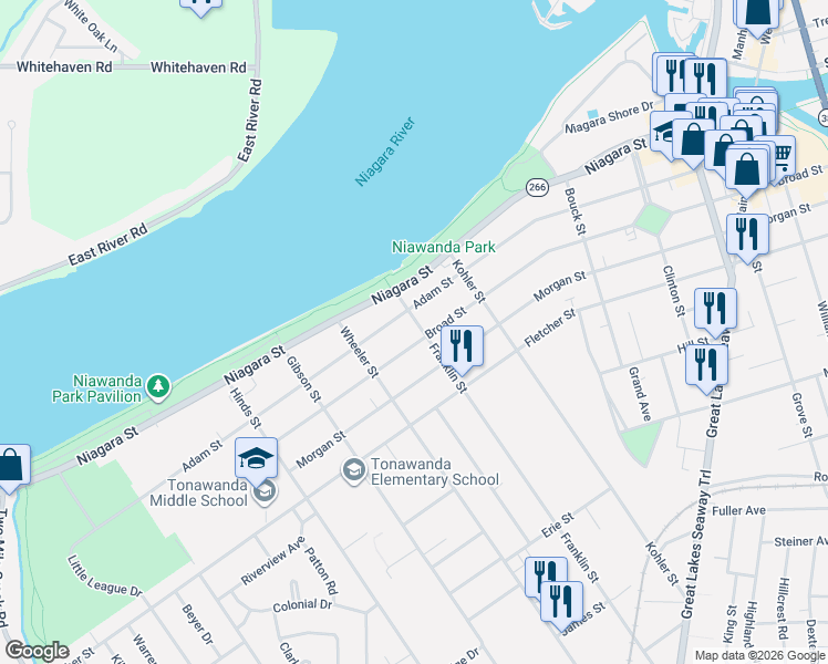 map of restaurants, bars, coffee shops, grocery stores, and more near 433 Broad Street in Tonawanda