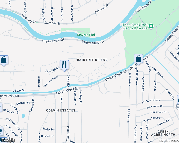 map of restaurants, bars, coffee shops, grocery stores, and more near 101 Paradise Lane in Tonawanda