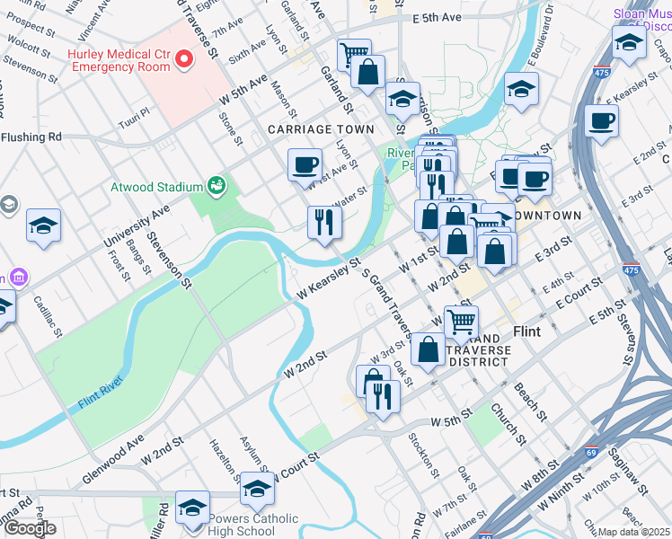 map of restaurants, bars, coffee shops, grocery stores, and more near 501 West Kearsley Street in Flint