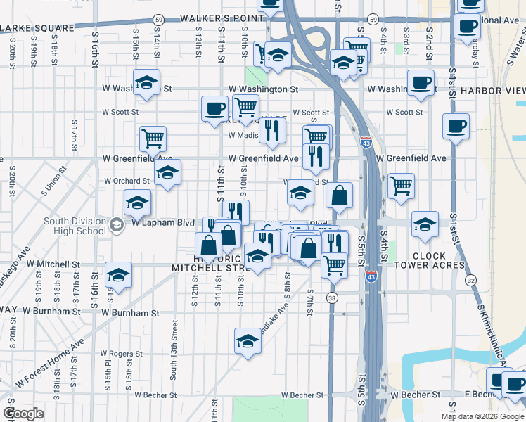 map of restaurants, bars, coffee shops, grocery stores, and more near 1608 South 9th Street in Milwaukee