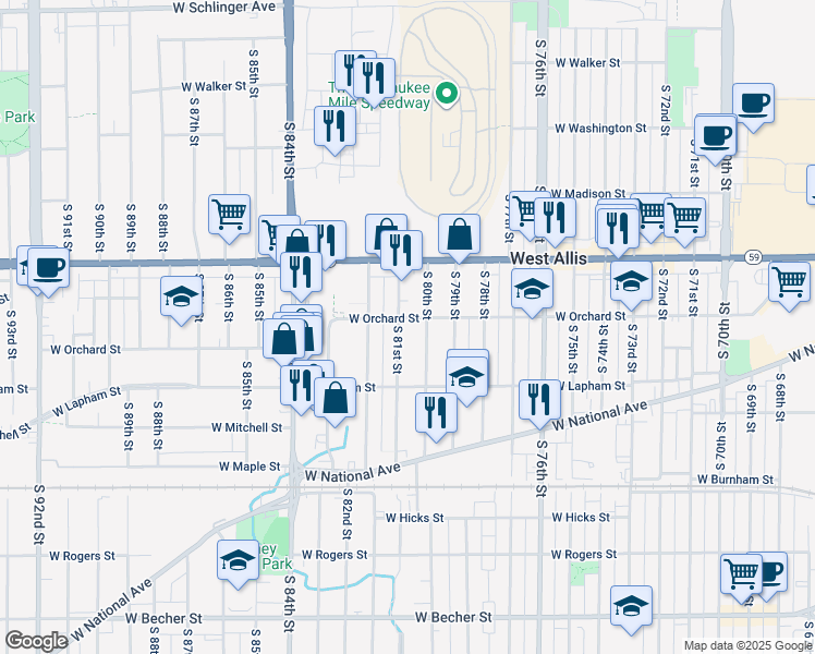 map of restaurants, bars, coffee shops, grocery stores, and more near 1540 South 81st Street in West Allis