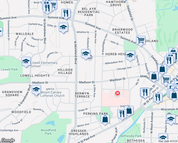 map of restaurants, bars, coffee shops, grocery stores, and more near 113 Cecilia Court in Waukesha