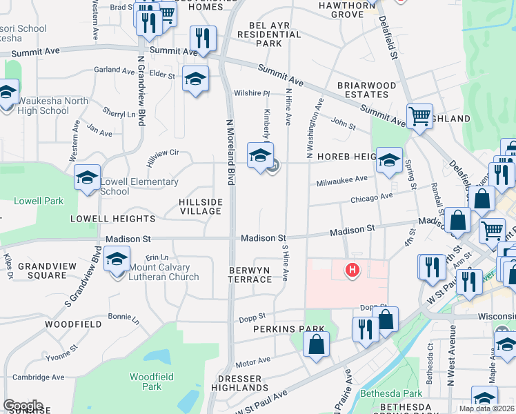 map of restaurants, bars, coffee shops, grocery stores, and more near 113 Cecilia Court in Waukesha