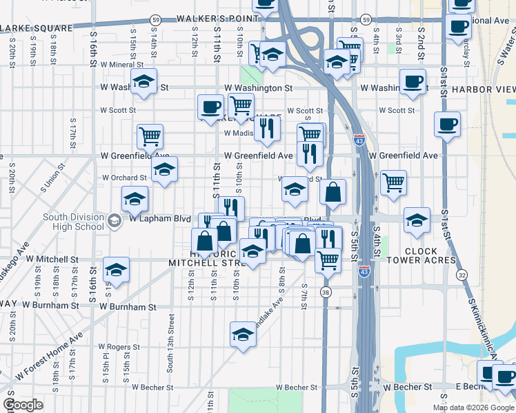 map of restaurants, bars, coffee shops, grocery stores, and more near 1608 South 9th Street in Milwaukee