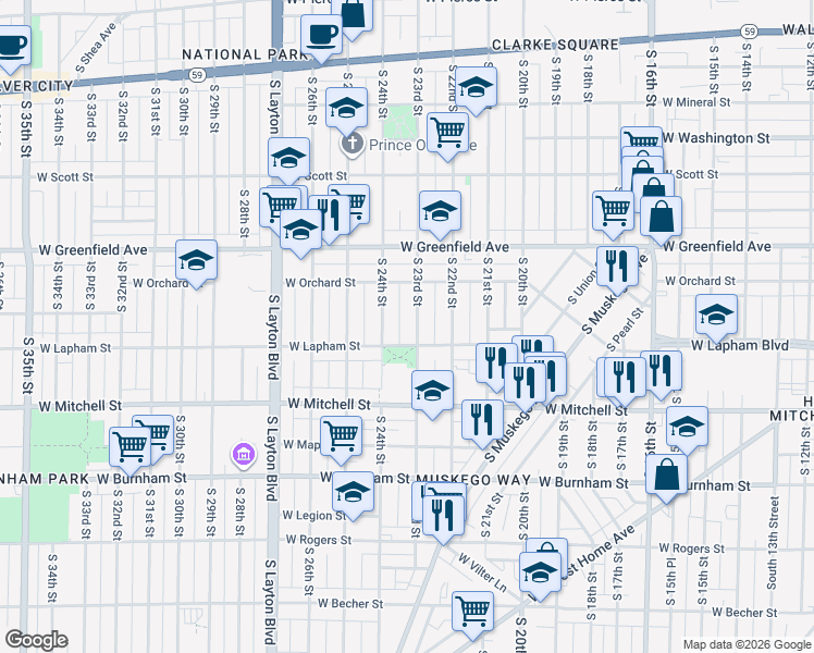 map of restaurants, bars, coffee shops, grocery stores, and more near 1608 South 23rd Street in Milwaukee