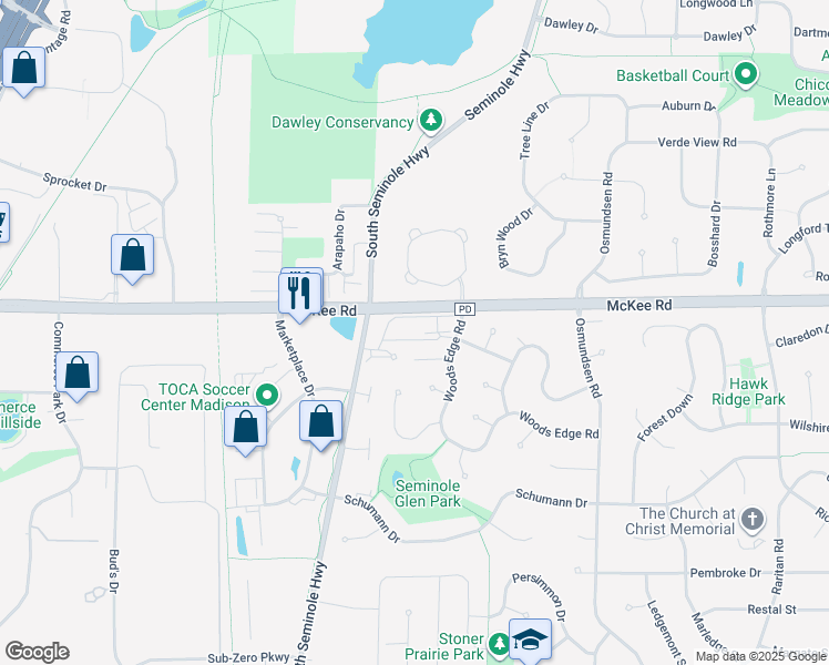 map of restaurants, bars, coffee shops, grocery stores, and more near 5940 Seminole Centre Court in Fitchburg