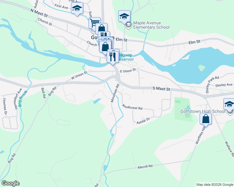 map of restaurants, bars, coffee shops, grocery stores, and more near 18 Knollcrest Road in Goffstown