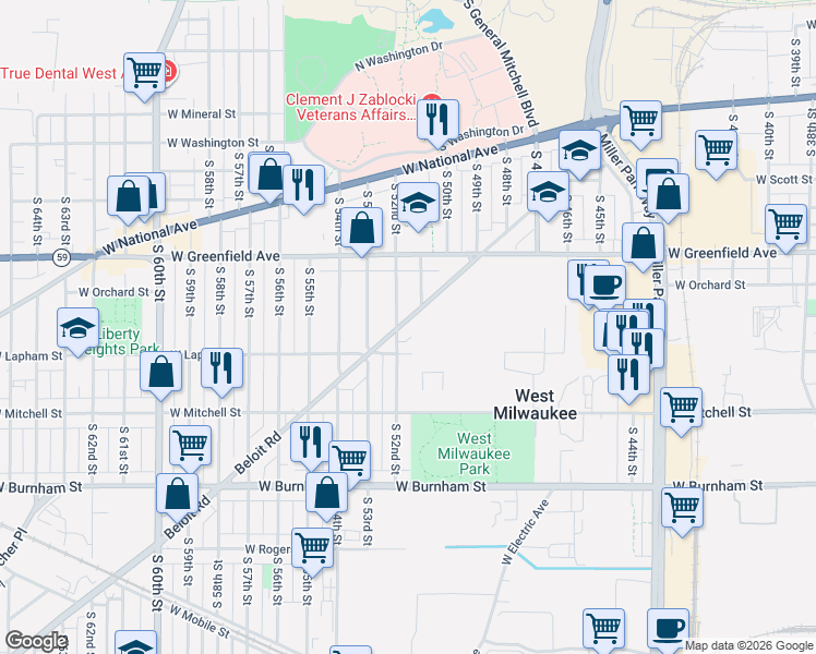 map of restaurants, bars, coffee shops, grocery stores, and more near 5225 West Lapham Street in West Milwaukee