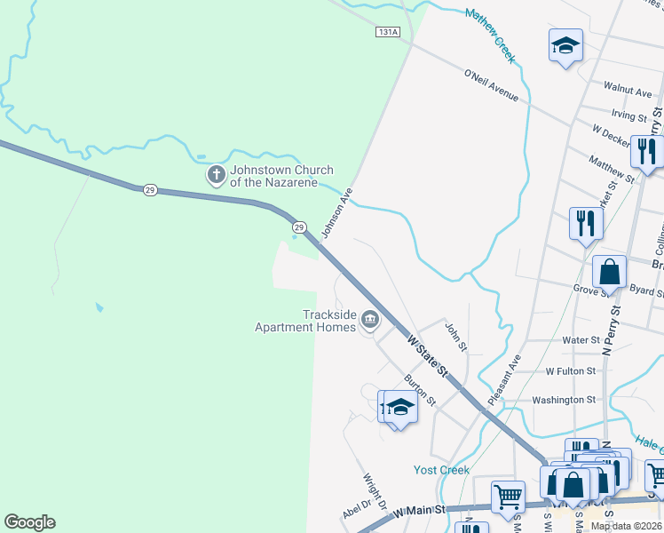 map of restaurants, bars, coffee shops, grocery stores, and more near 360 West State Street in Johnstown