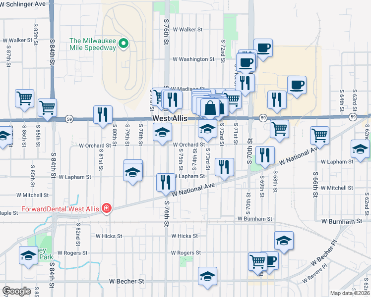 map of restaurants, bars, coffee shops, grocery stores, and more near 1508 South 75th Street in West Allis