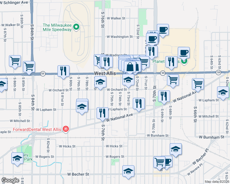 map of restaurants, bars, coffee shops, grocery stores, and more near 1508 South 75th Street in West Allis