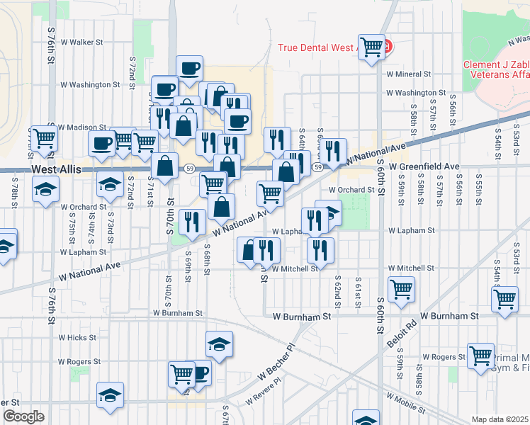 map of restaurants, bars, coffee shops, grocery stores, and more near West National Avenue & South 66th Street in West Allis