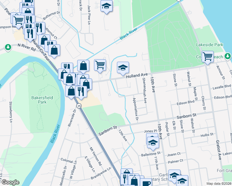 map of restaurants, bars, coffee shops, grocery stores, and more near 3543 Parkway Drive in Port Huron
