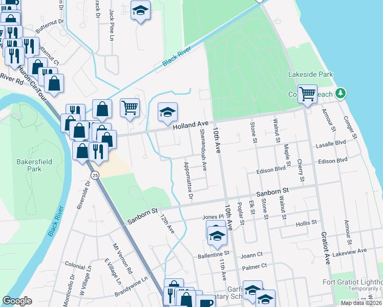 map of restaurants, bars, coffee shops, grocery stores, and more near 3505 Williamsburg Drive in Port Huron