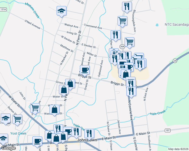 map of restaurants, bars, coffee shops, grocery stores, and more near 15 Rosewood Avenue in Johnstown