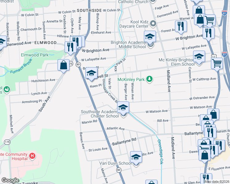 map of restaurants, bars, coffee shops, grocery stores, and more near 139 Baldwin Avenue in Syracuse