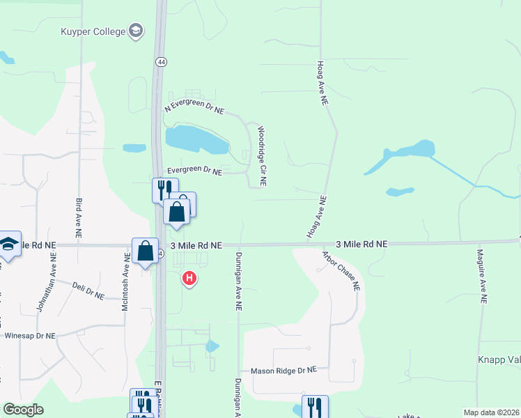 map of restaurants, bars, coffee shops, grocery stores, and more near 3037 Woodridge Circle Northeast in Grand Rapids