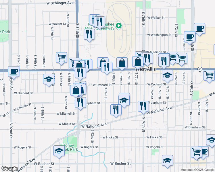map of restaurants, bars, coffee shops, grocery stores, and more near 1446 South 81st Street in West Allis