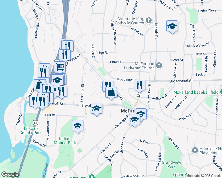 map of restaurants, bars, coffee shops, grocery stores, and more near 5207 Taylor Road in McFarland