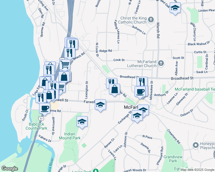 map of restaurants, bars, coffee shops, grocery stores, and more near 5207 Taylor Road in McFarland
