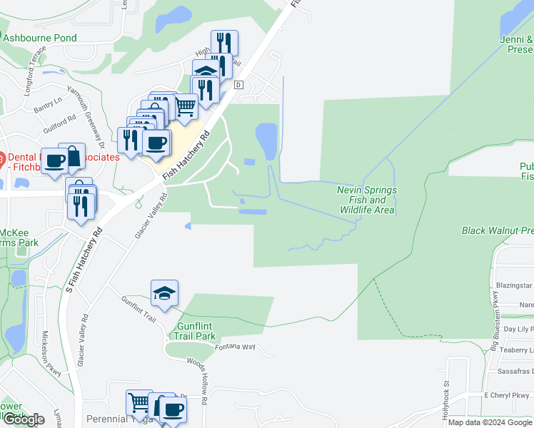 map of restaurants, bars, coffee shops, grocery stores, and more near 3911 Fish Hatchery Road in Fitchburg