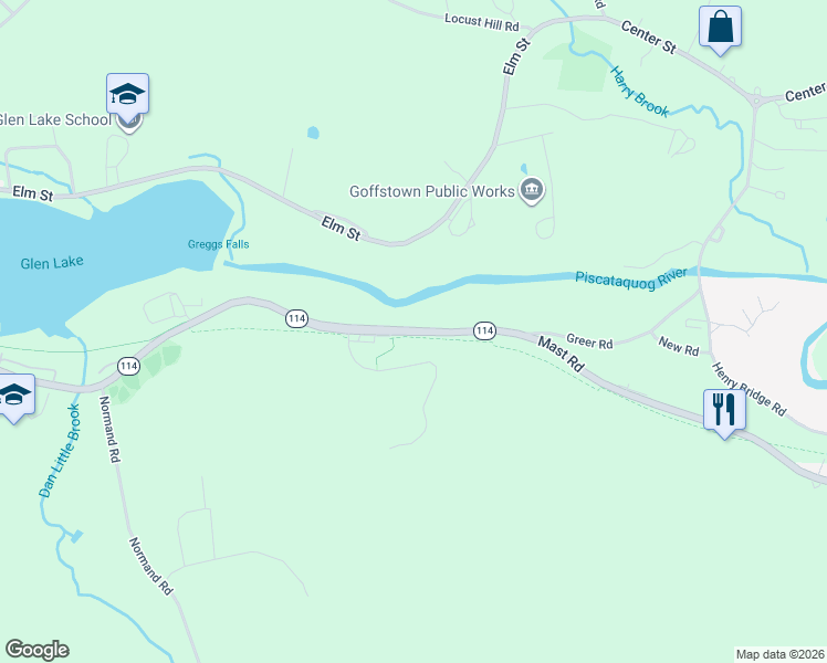 map of restaurants, bars, coffee shops, grocery stores, and more near 134 South Mast Street in Goffstown