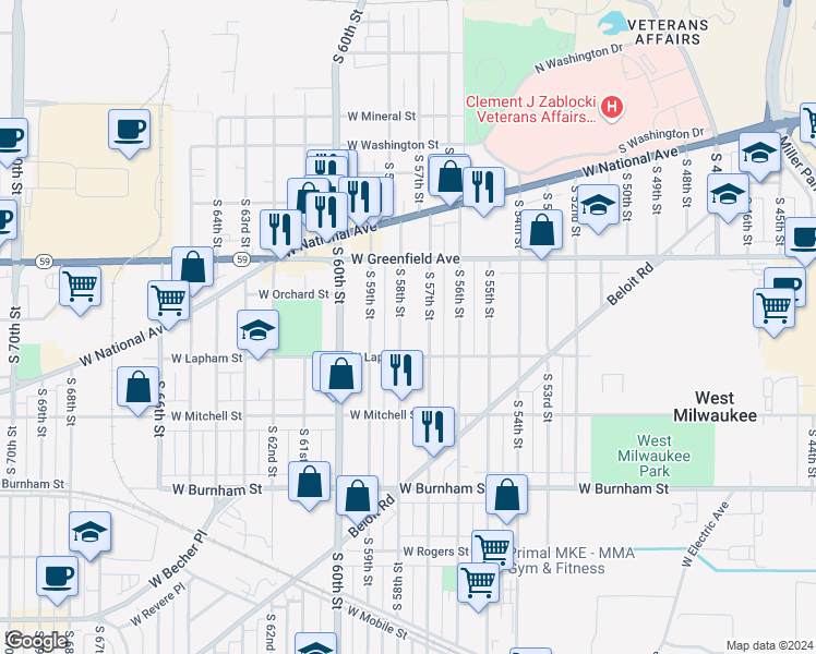map of restaurants, bars, coffee shops, grocery stores, and more near 1540 South 58th Street in West Allis