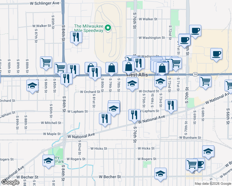 map of restaurants, bars, coffee shops, grocery stores, and more near 1501 South 78th Street in West Allis