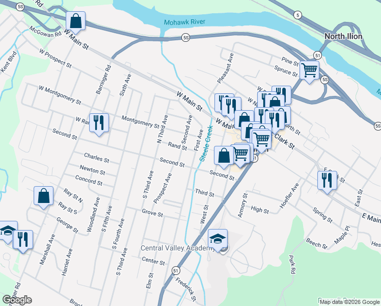 map of restaurants, bars, coffee shops, grocery stores, and more near 7 Rand Street in Ilion