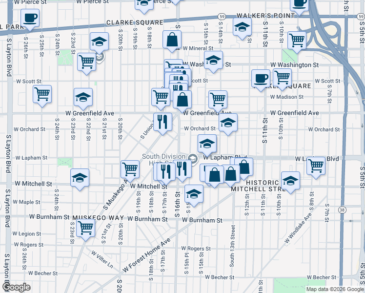 map of restaurants, bars, coffee shops, grocery stores, and more near 1516 South Pearl Street in Milwaukee