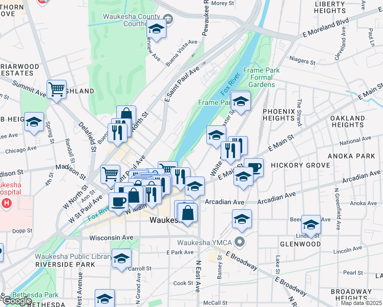 map of restaurants, bars, coffee shops, grocery stores, and more near 383 Corrina Boulevard in Waukesha