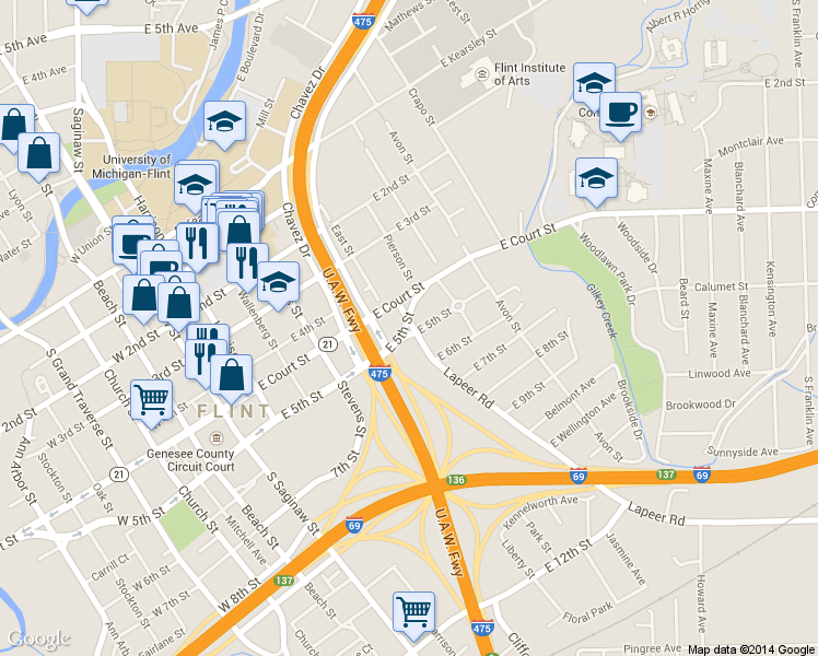 map of restaurants, bars, coffee shops, grocery stores, and more near in Flint