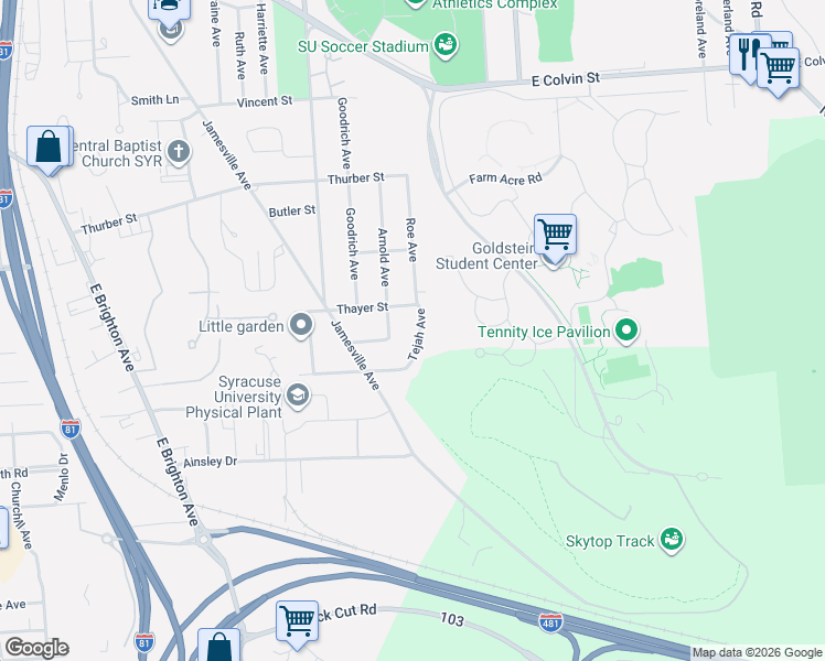 map of restaurants, bars, coffee shops, grocery stores, and more near 404 Thayer Street in Syracuse