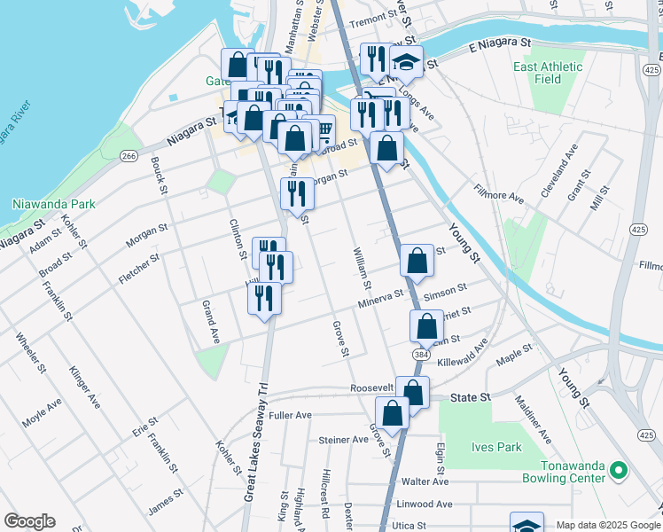 map of restaurants, bars, coffee shops, grocery stores, and more near 112 William Street in Tonawanda